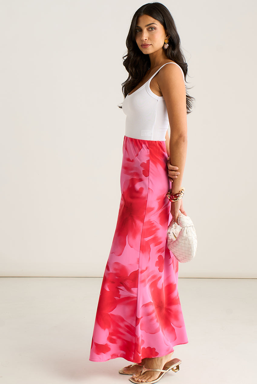 Pink Watercolour Floral Print A Line Maxi Skirt GL2187