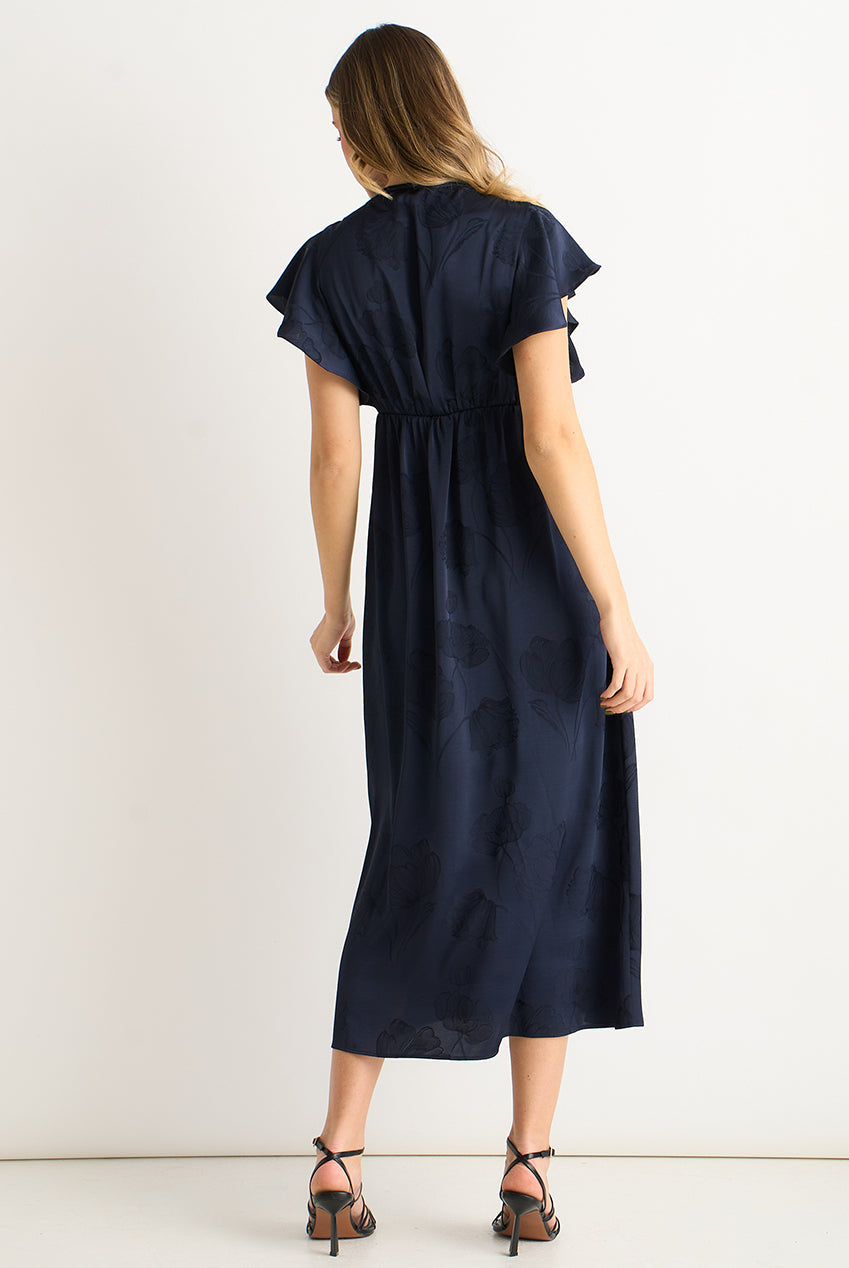 Navy Floral Satin Jacquard Lace Trim Midi Dress GL2188