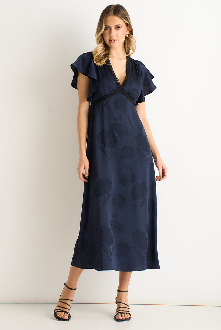 Navy Floral Satin Jacquard Lace Trim Midi Dress GL2188