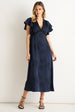 Navy Floral Satin Jacquard Lace Trim Midi Dress by Gini London