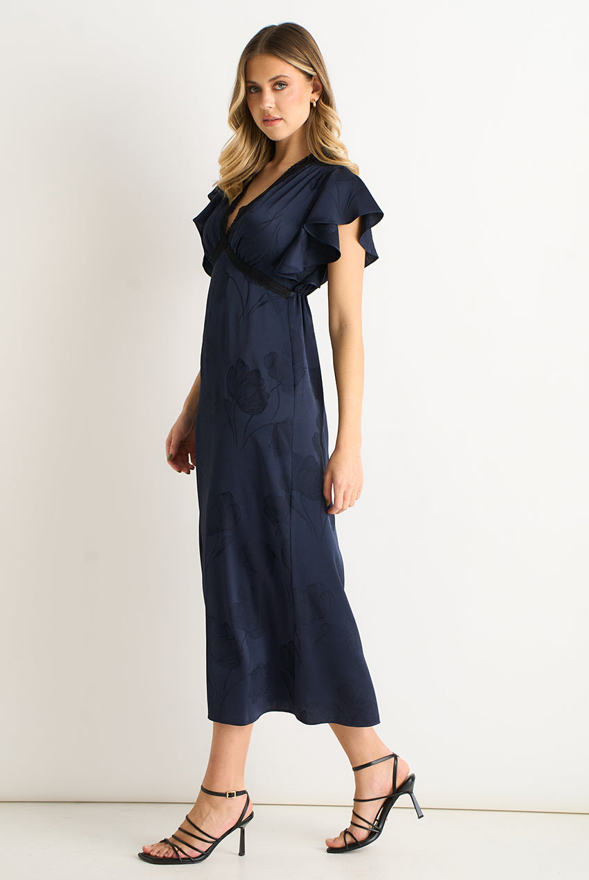 Navy Floral Satin Jacquard Lace Trim Midi Dress GL2188