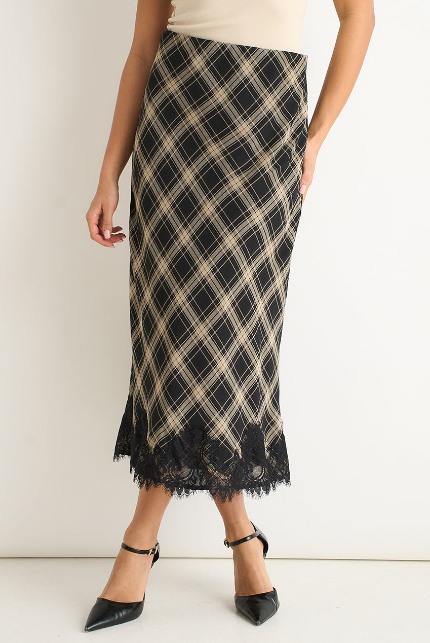 Mono Check Contrast Lace Bias Skirt GL2209