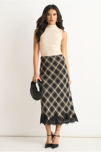 Black - Mono Check Contrast Lace Bias Skirt by Gini London