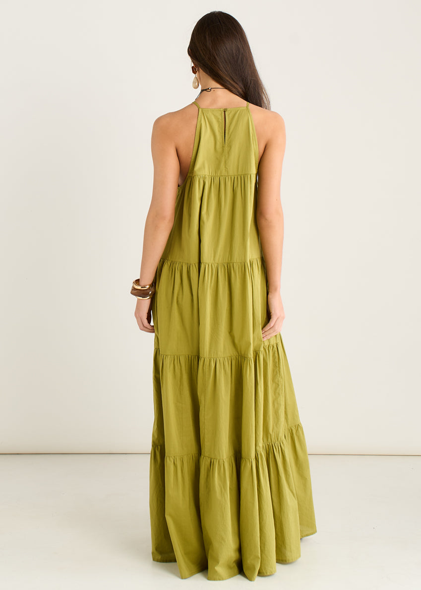 Khaki Tiered Halter Maxi Trapeze Dress GL2211