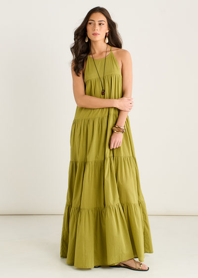 Khaki Tiered Halter Maxi Trapeze Dress by Gini London