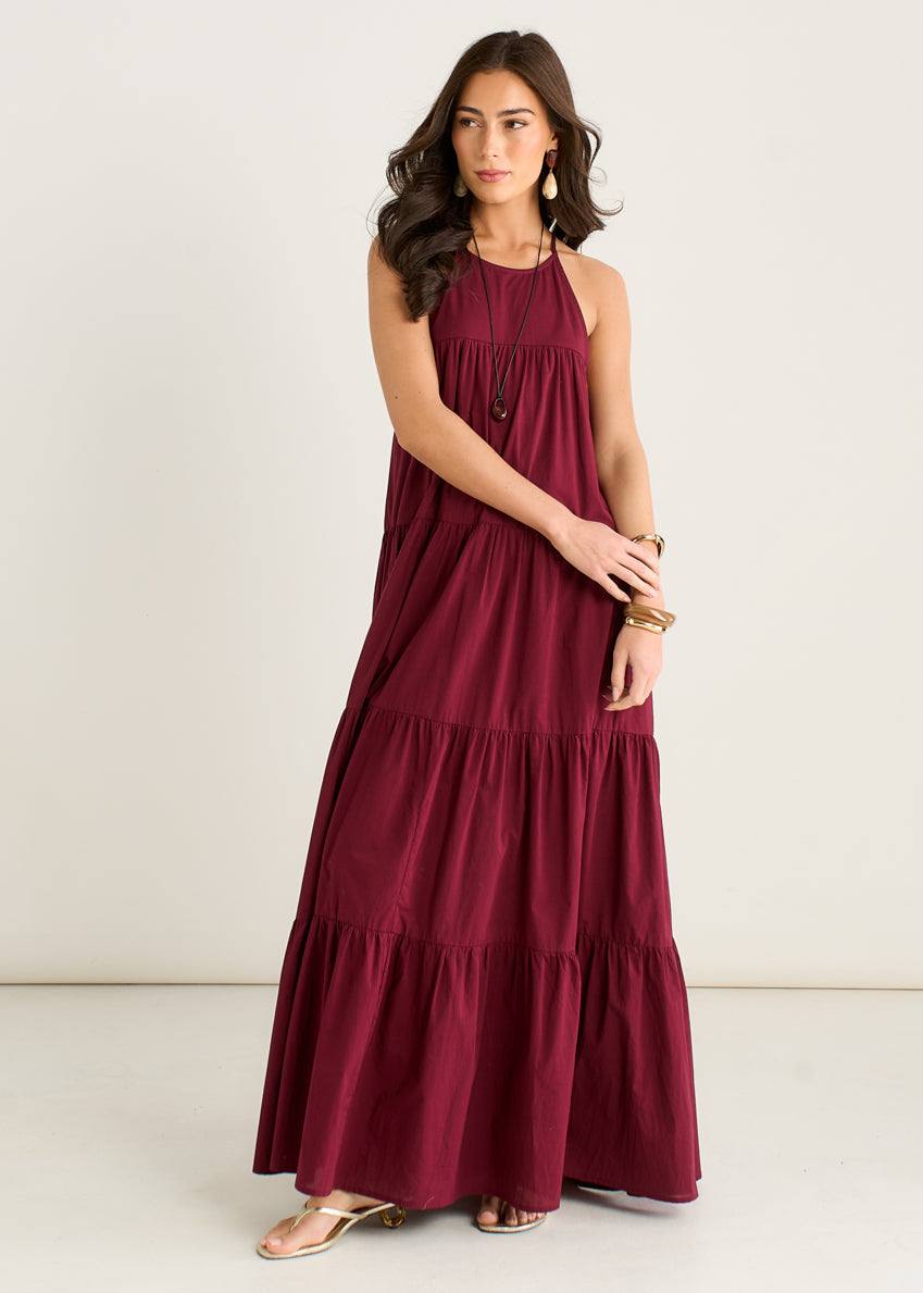 Mulberry Tiered Halter Maxi Trapeze Dress GL2211