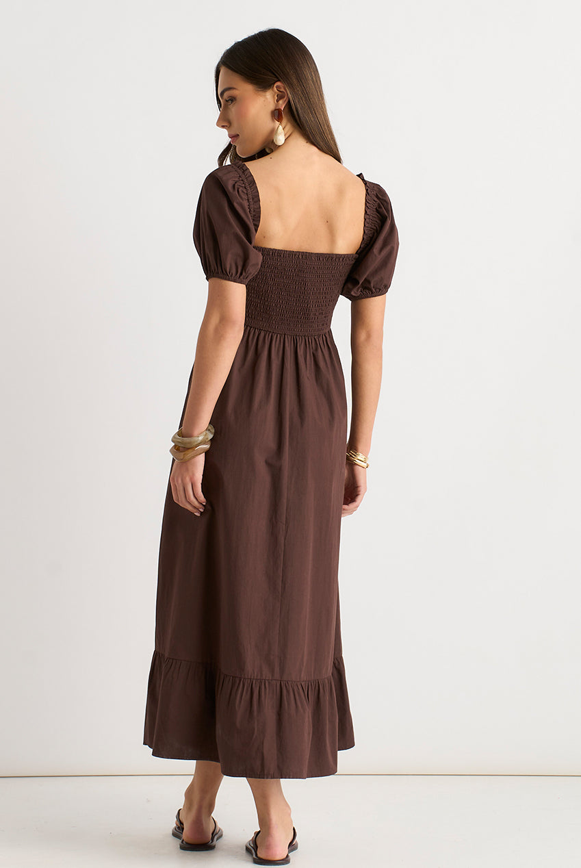 Brown Gypsy Puff Sleeves Midaxi Dress GL2212