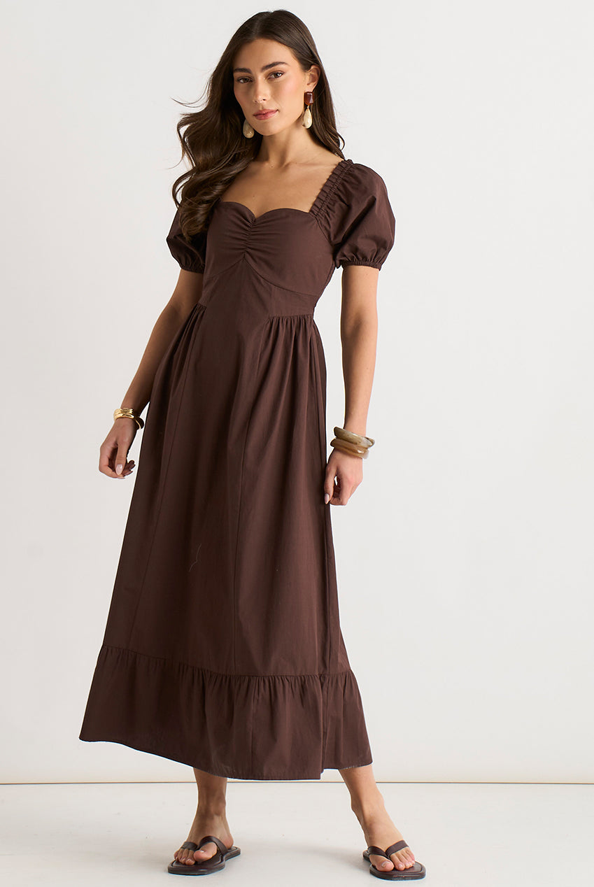 Brown Gypsy Puff Sleeves Midaxi Dress GL2212