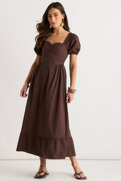 Brown - Brown Gypsy Puff Sleeves Midaxi Dress by Gini London
