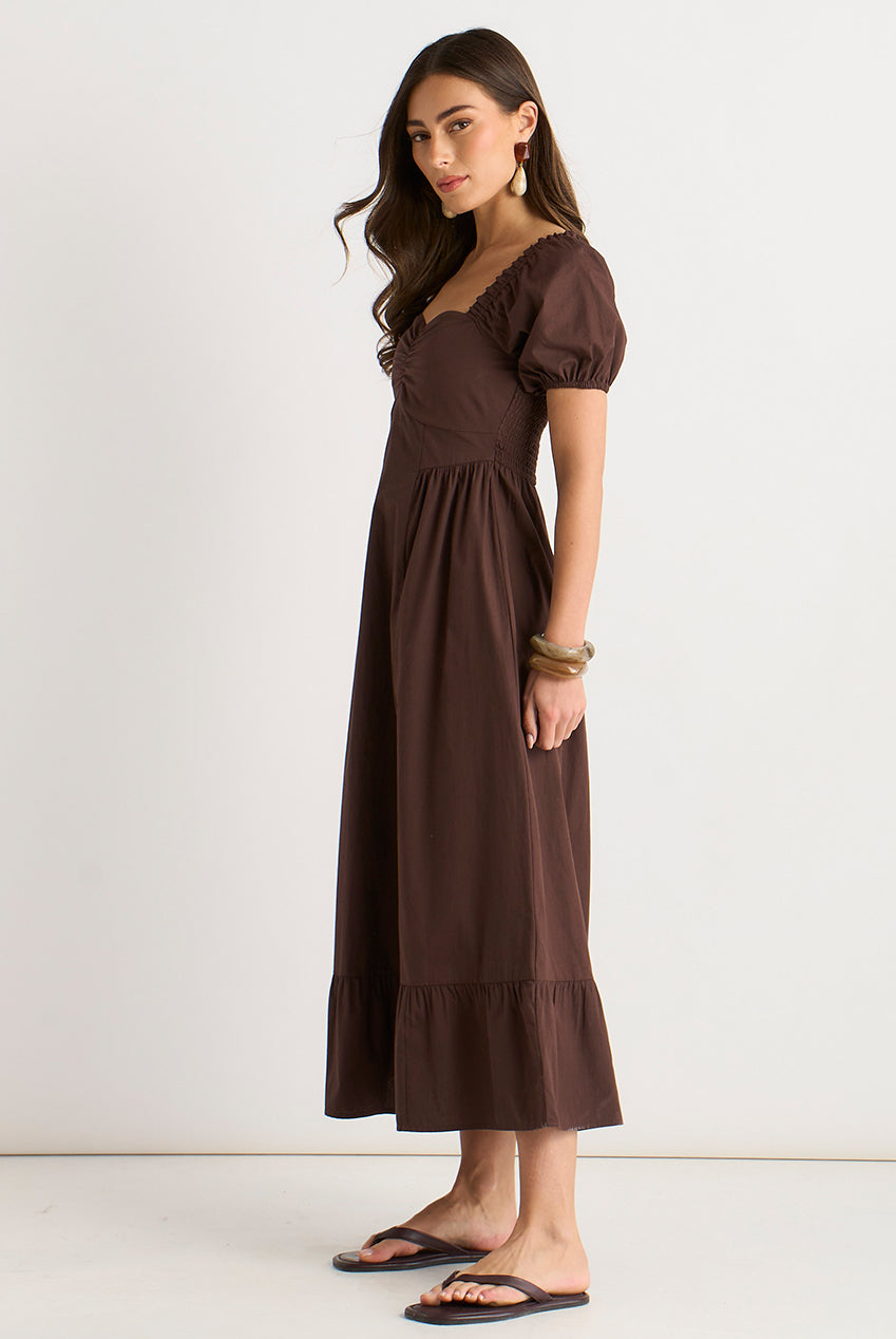 Brown Gypsy Puff Sleeves Midaxi Dress GL2212