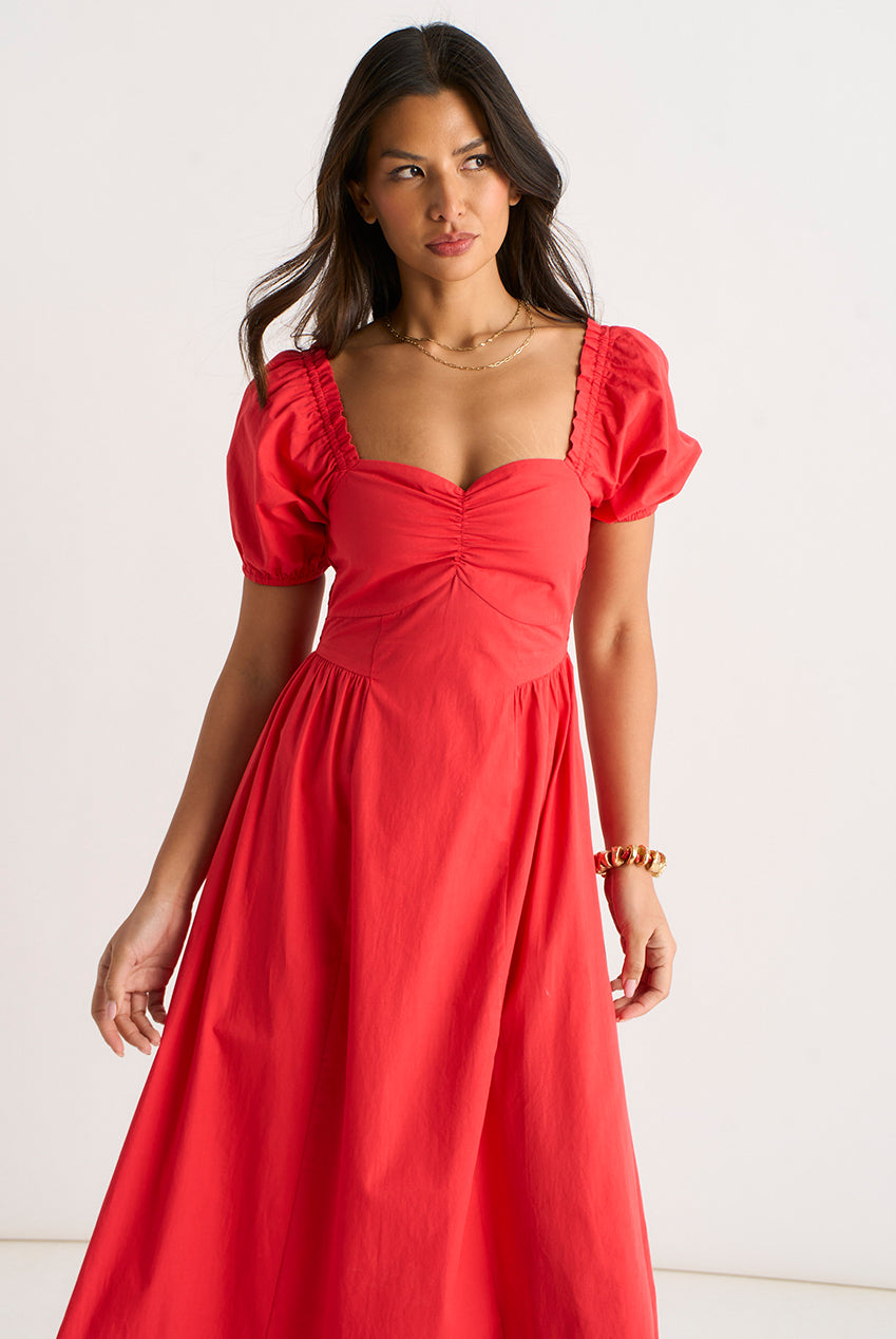 Red Gypsy Puff Sleeves Midaxi Dress GL2212