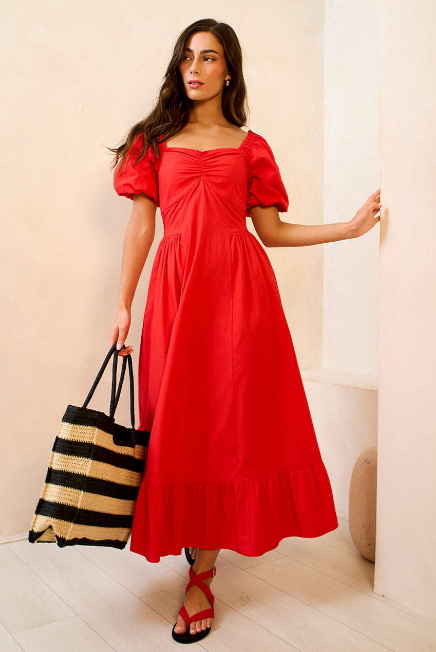 Red Gypsy Puff Sleeves Midaxi Dress GL2212