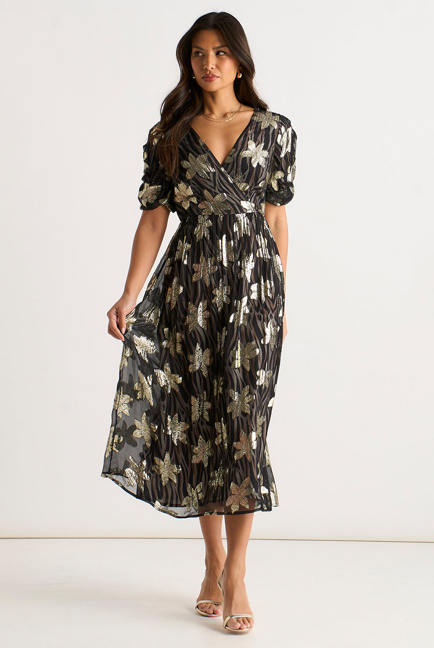 Black Floral Lurex Animal Wrap Front Dress GL2213
