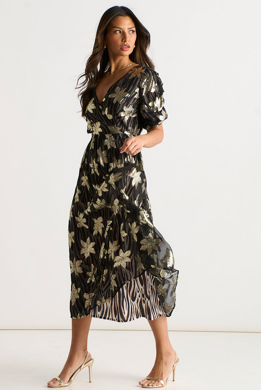 Black Floral Lurex Animal Wrap Front Dress GL2213