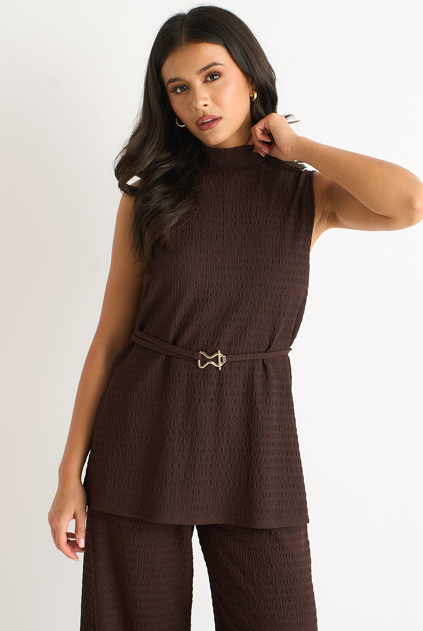 Chocolate Funnel Neck Textured Jersey Tabard Top GL2216