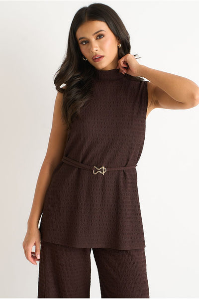 Chocolate - Chocolate Funnel Neck Textured Jersey Tabard Top by Gini London