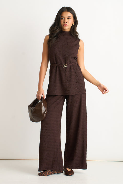 Chocolate Funnel Neck Textured Jersey Tabard Top by Gini London