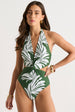 Green Palm Print Twist Front Swimsuit by Gini London