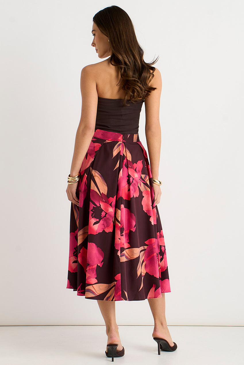 Brown Large Floral Box Pleat Midi Skirt GL2219