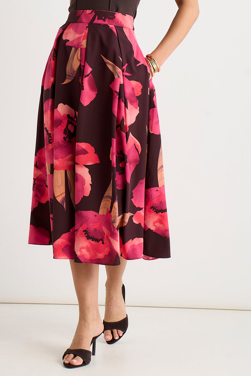 Brown Large Floral Box Pleat Midi Skirt GL2219