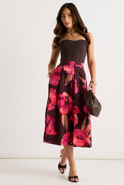 Brown - Brown Large Floral Box Pleat Midi Skirt by Gini London