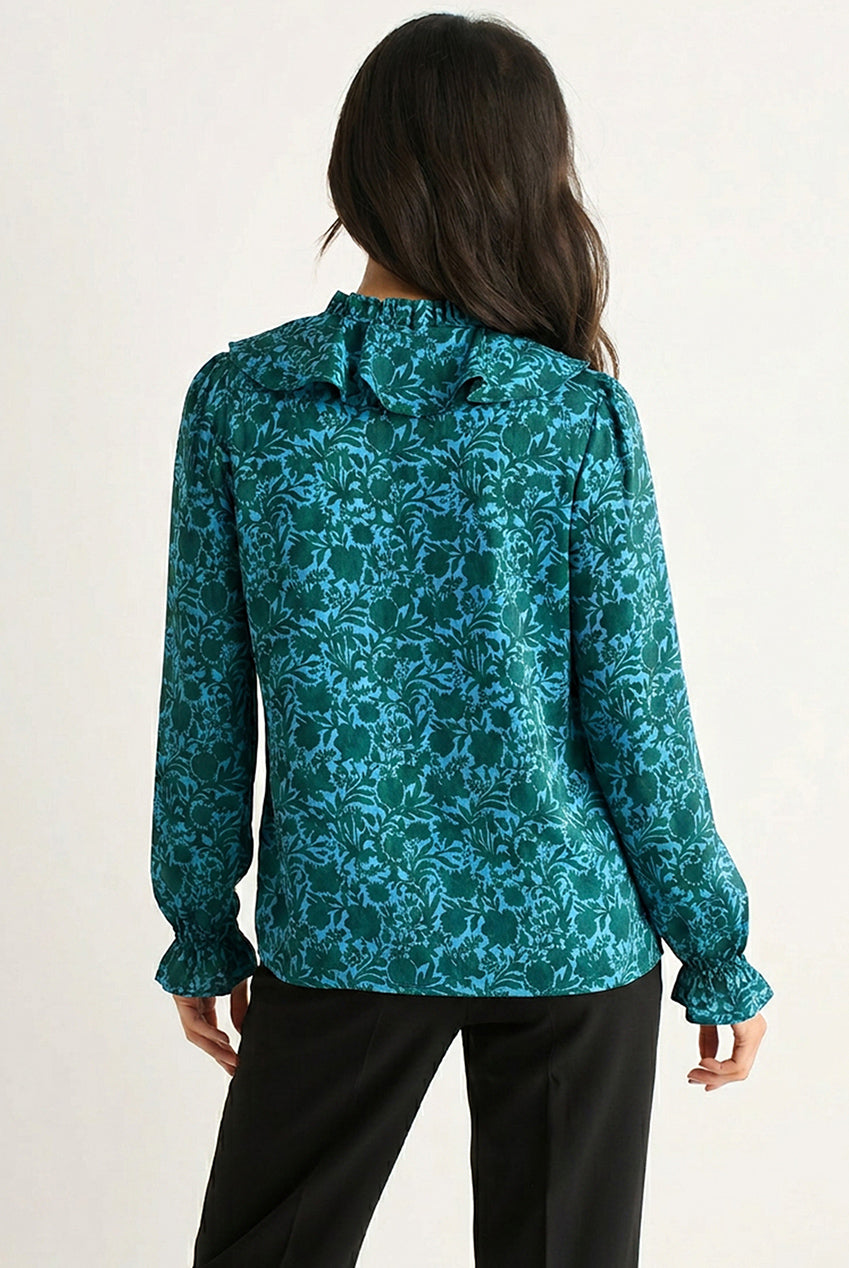 Blue Floral Print Ruffle Front Blouse GL2221
