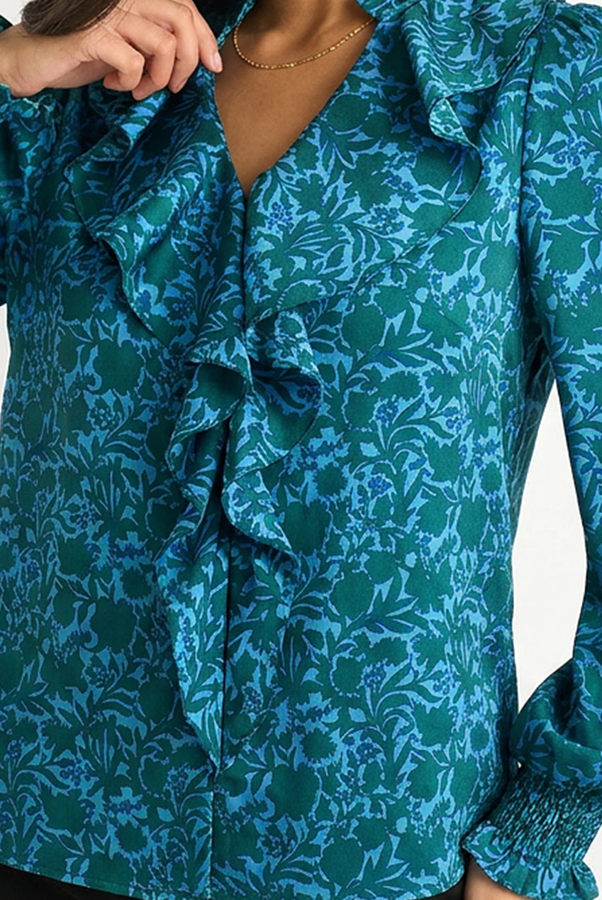 Blue Floral Print Ruffle Front Blouse GL2221