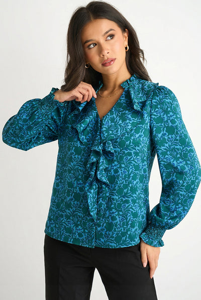 Blue - Blue Floral Print Ruffle Front Blouse by Gini London