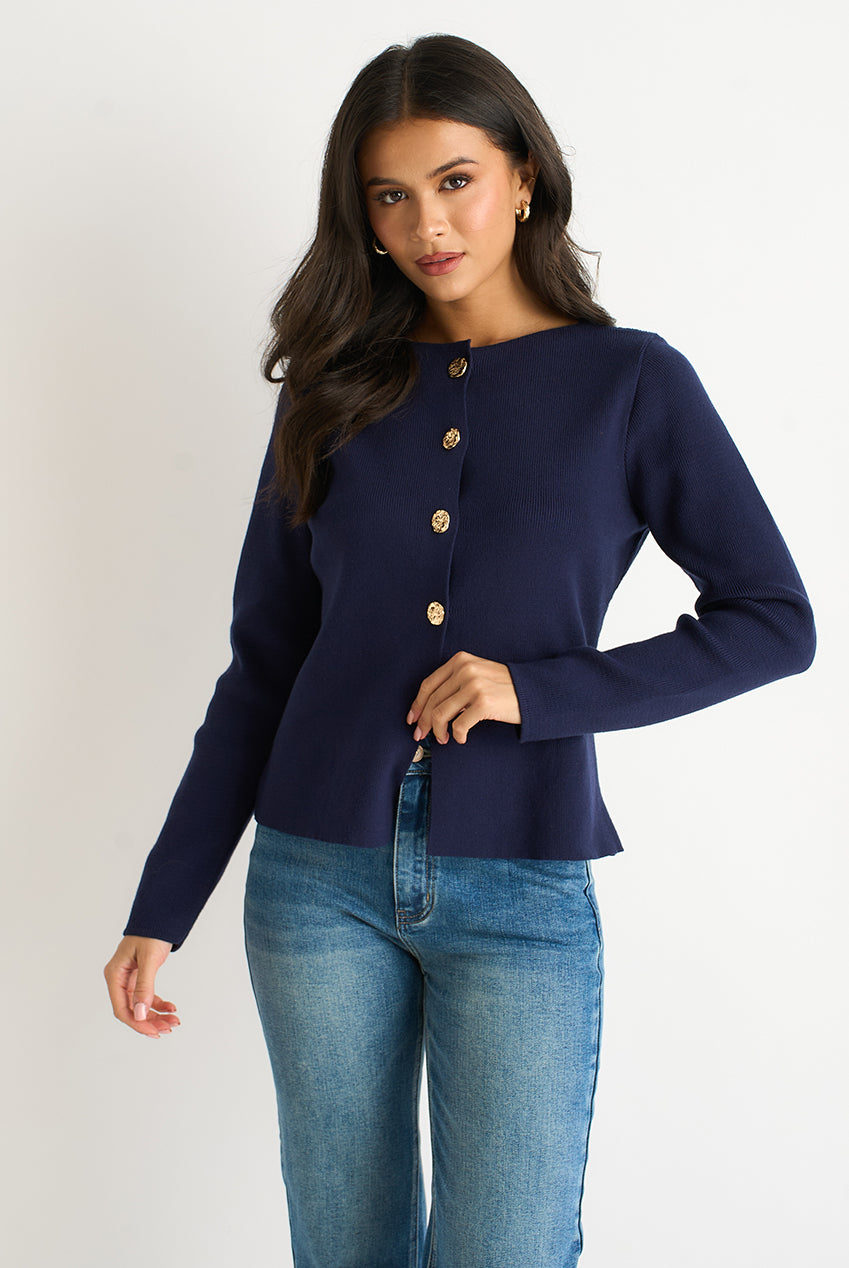 Navy Gold Buttons Ribbed Knit Cardigan GL2225