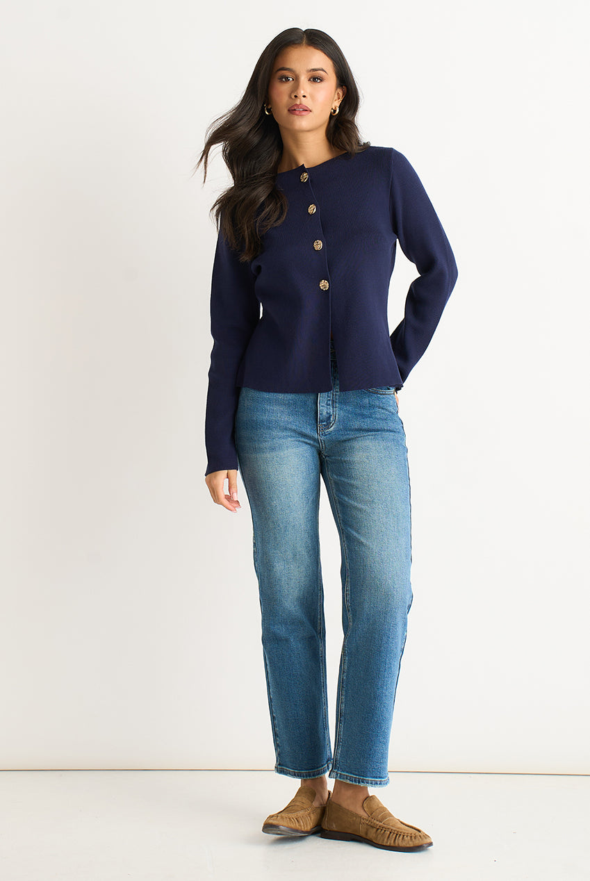 Navy Gold Buttons Ribbed Knit Cardigan GL2225