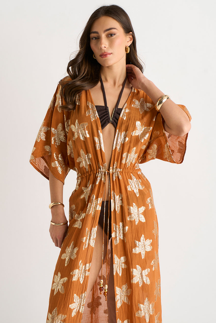 Orange Floral Lurex Tie Front Kaftan Kimono GL2226