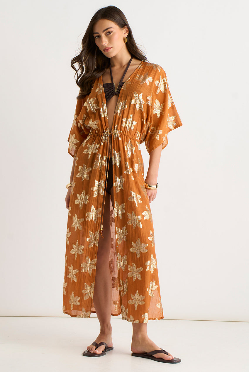 Orange Floral Lurex Tie Front Kaftan Kimono GL2226