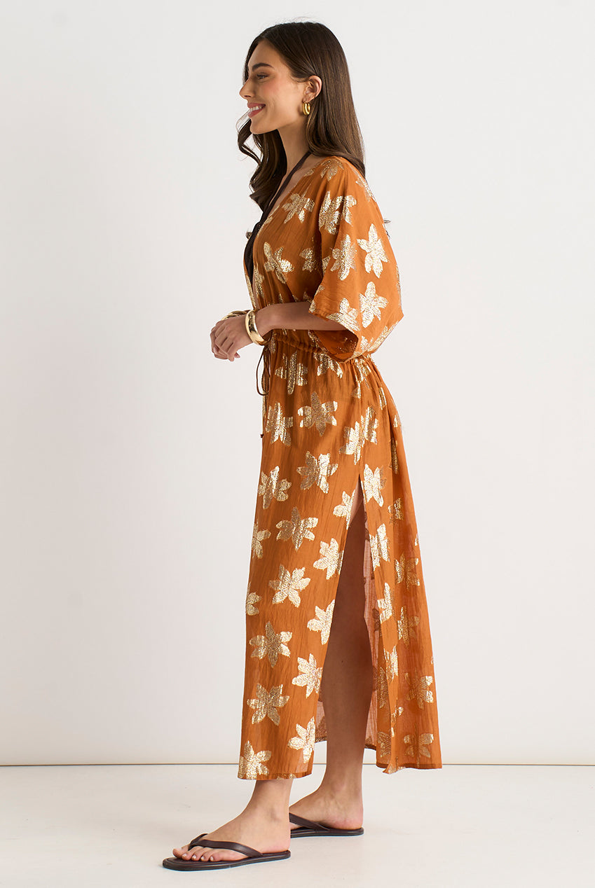 Orange Floral Lurex Tie Front Kaftan Kimono GL2226