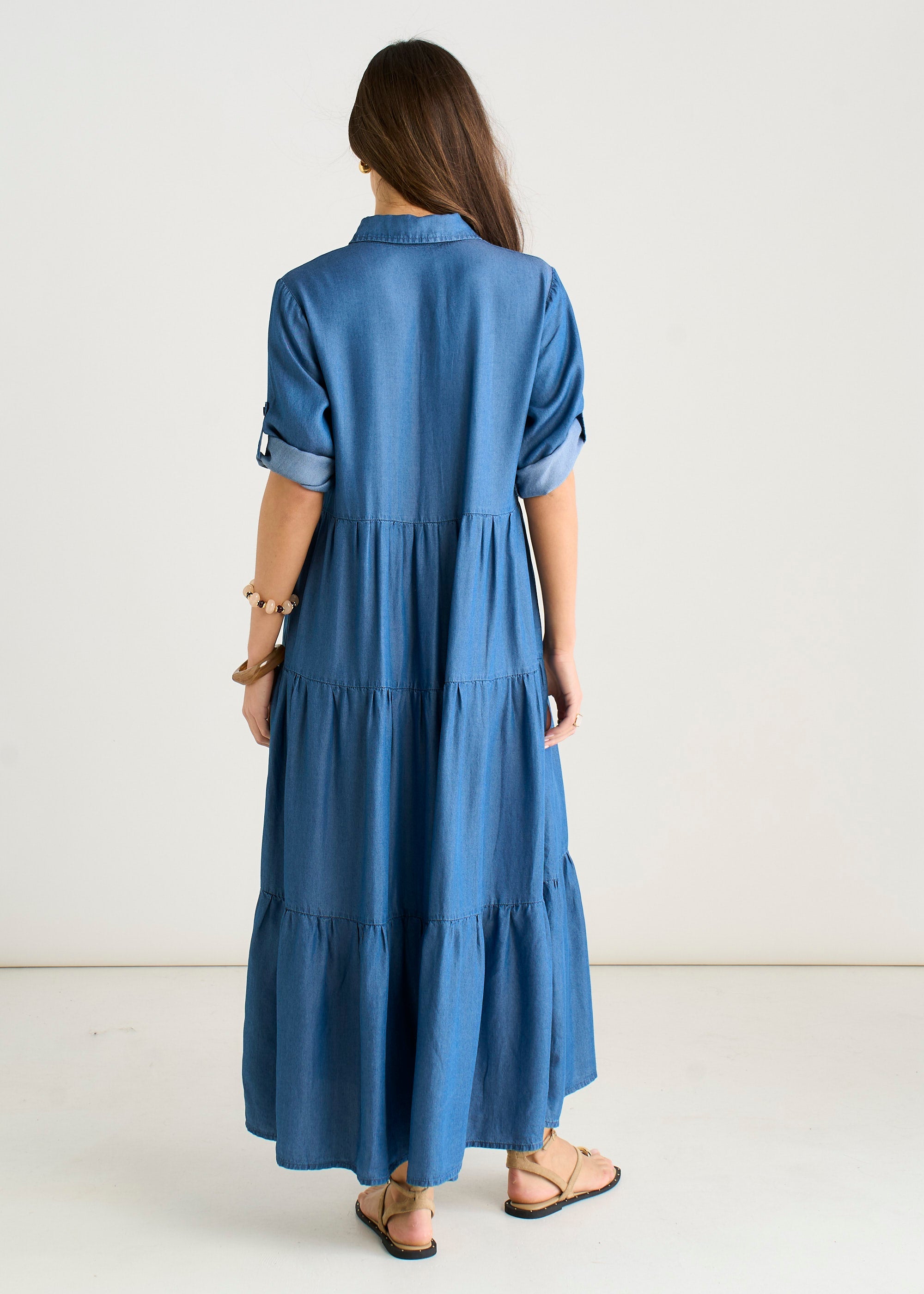 Blue Button Front Chambray Midaxi Shirt Dress GL2231