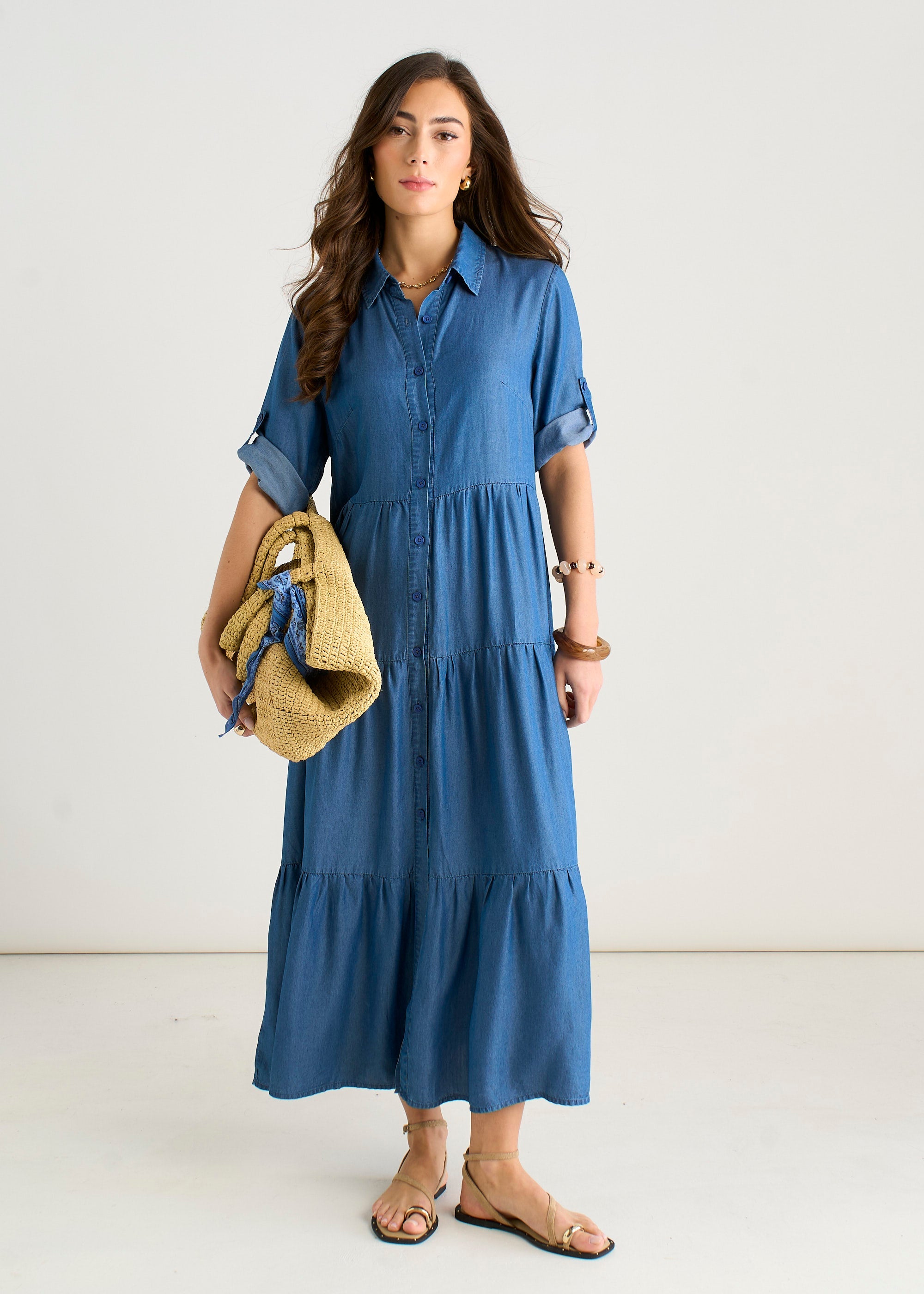 Blue Button Front Chambray Midaxi Shirt Dress GL2231