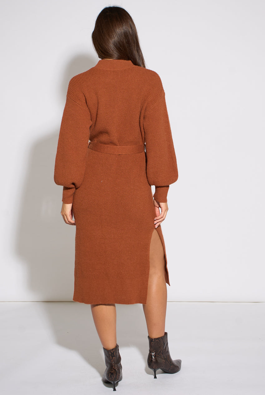 Tan Belted Knitted Long Sleeve Dress GL2240