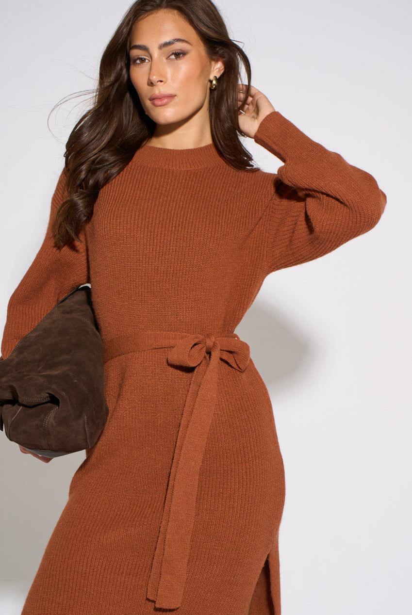 Tan Belted Knitted Long Sleeve Dress GL2240