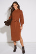 Tan Belted Knitted Long Sleeve Dress by Gini London