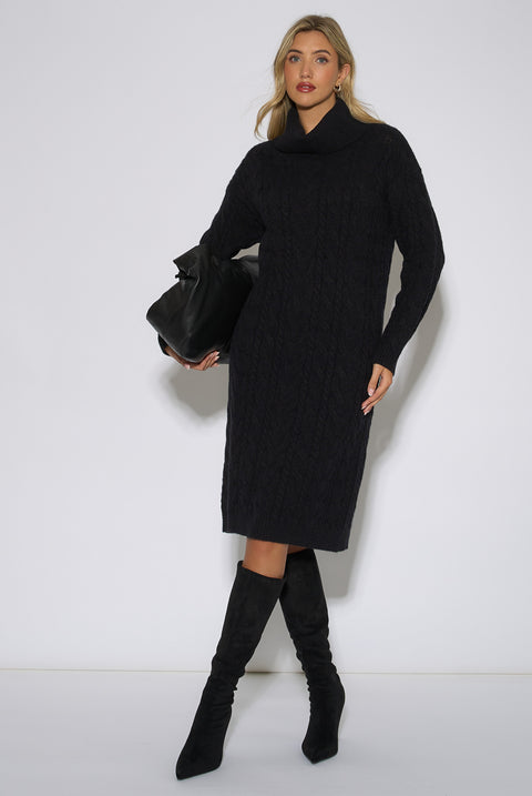 Black High Neck Cable Knit Shift Dress by Gini London