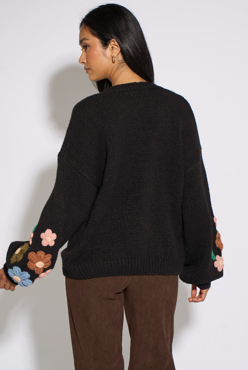 Black 3D Floral Sleeves Knit Cardigan GL2245
