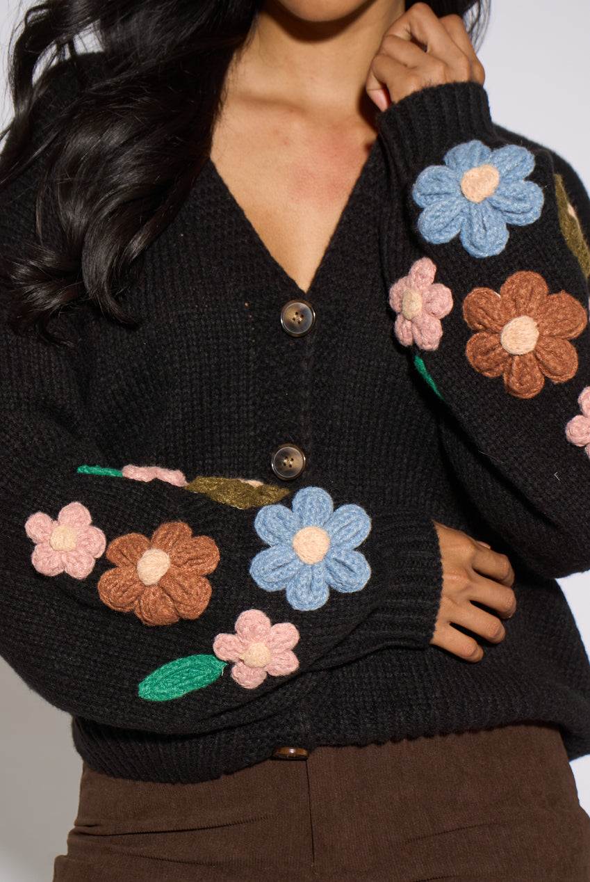 Black 3D Floral Sleeves Knit Cardigan GL2245