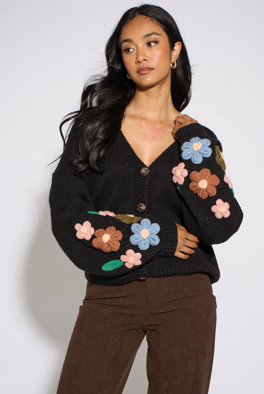 Black 3D Floral Sleeves Knit Cardigan GL2245
