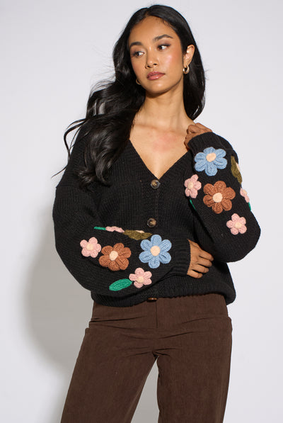 Black - Black 3D Floral Sleeves Knit Cardigan by Gini London