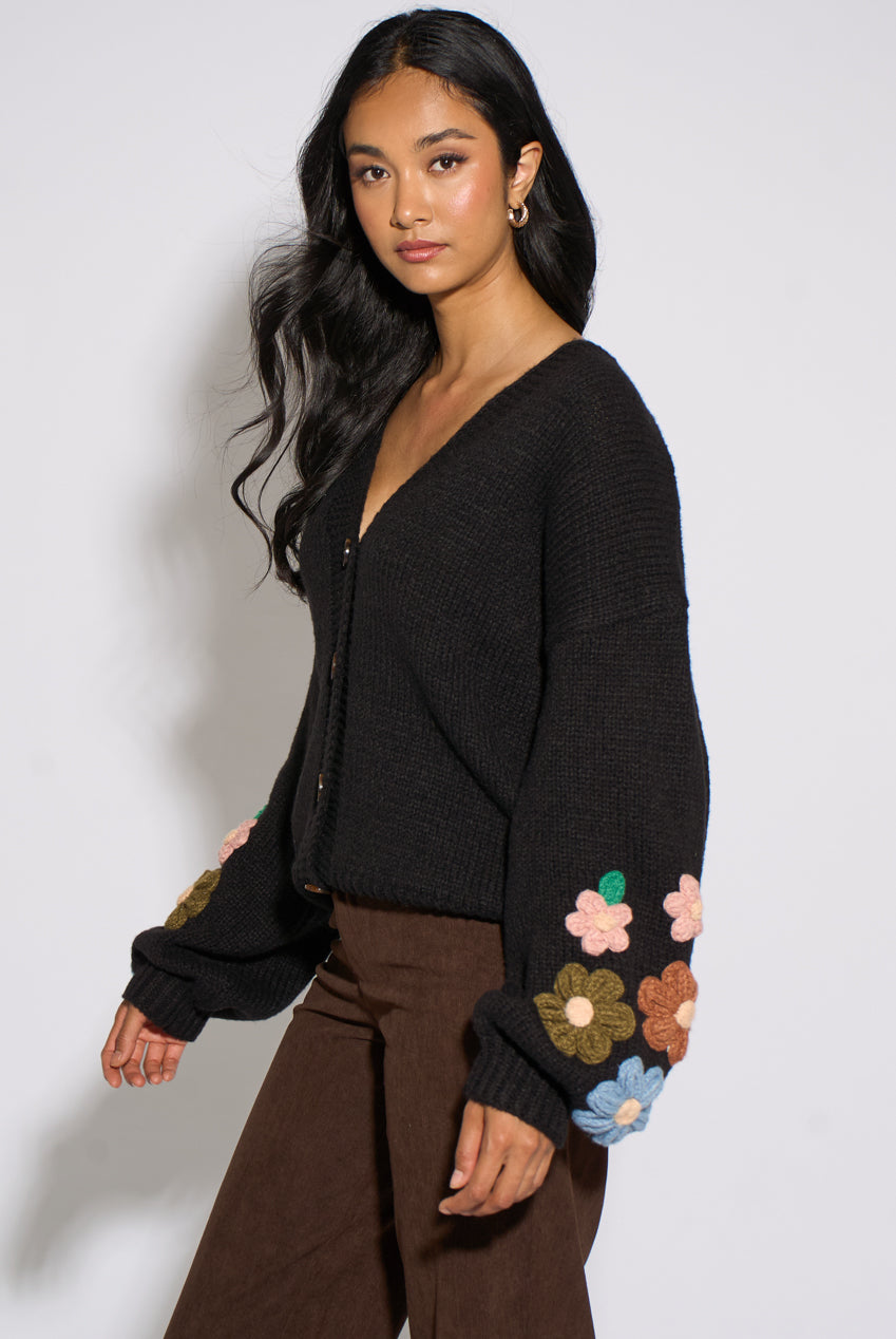 Black 3D Floral Sleeves Knit Cardigan GL2245