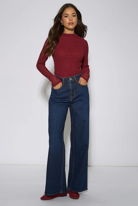 Indigo Mid Rise Wide Leg Jeans by Gini London