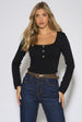 Black Square Neck Gold Button Ribbed Top by Gini London