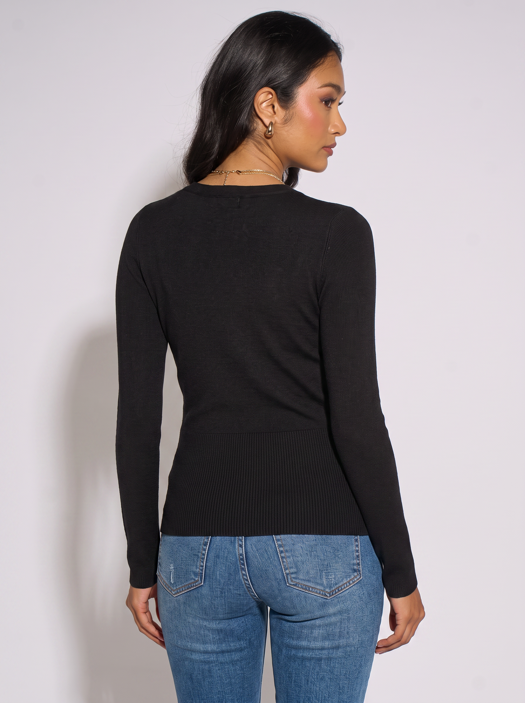 Black LS Wrap Front Gold Button Top GL2259