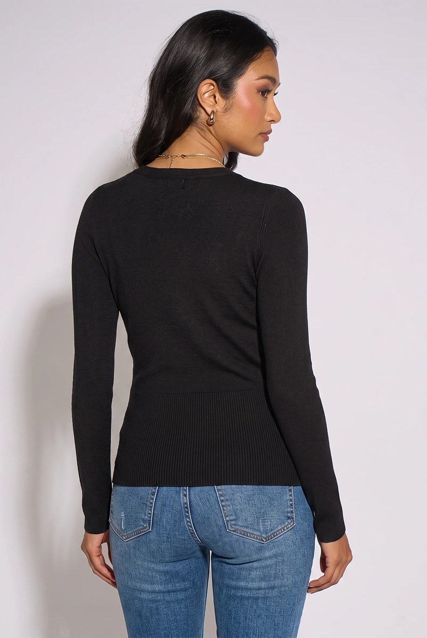 Black LS Wrap Front Gold Button Top GL2259