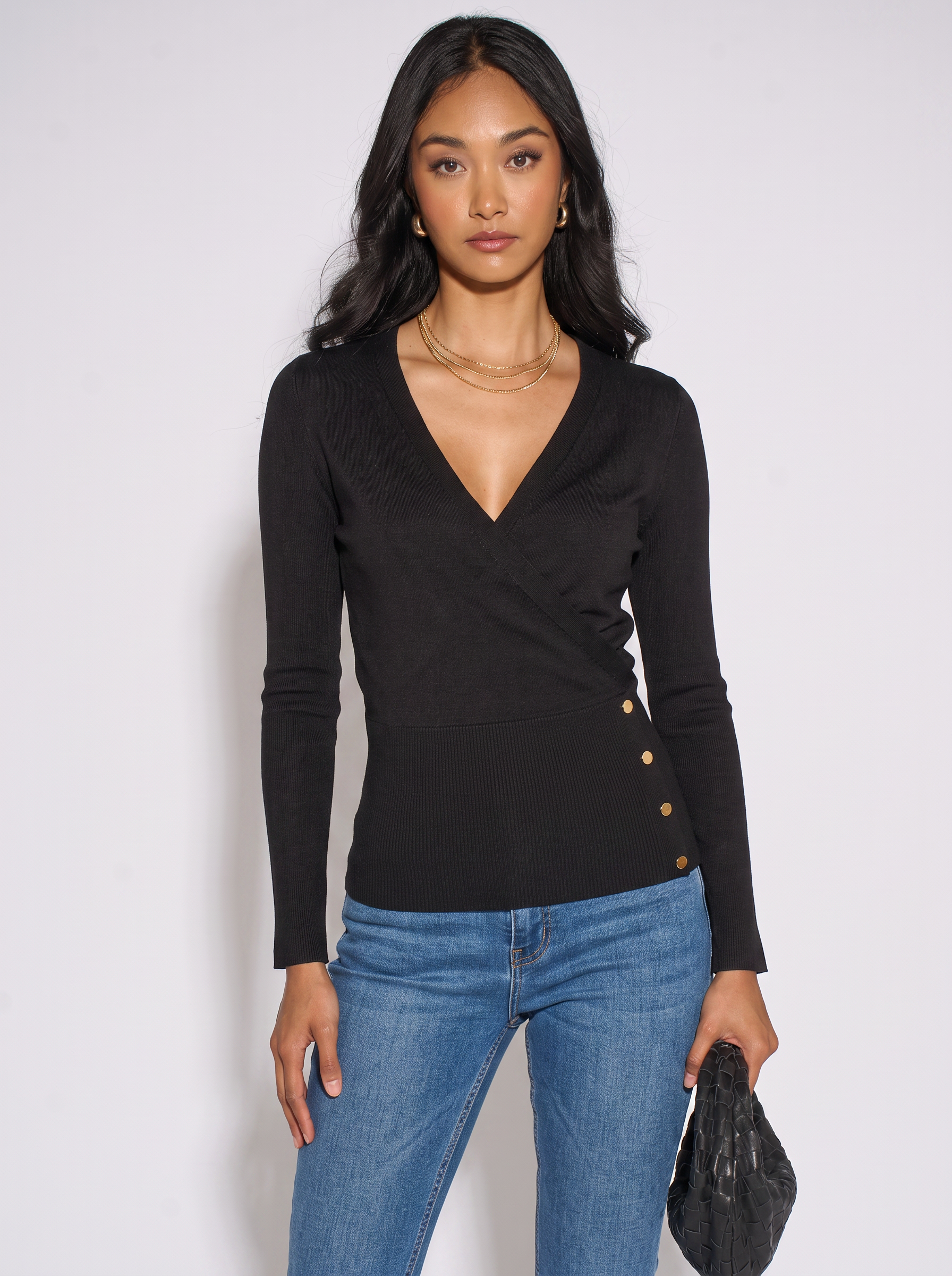 Black LS Wrap Front Gold Button Top GL2259