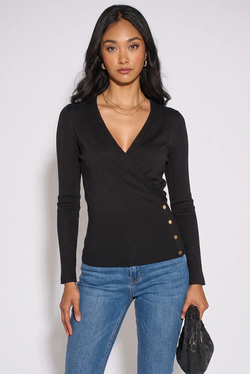 Black LS Wrap Front Gold Button Top GL2259